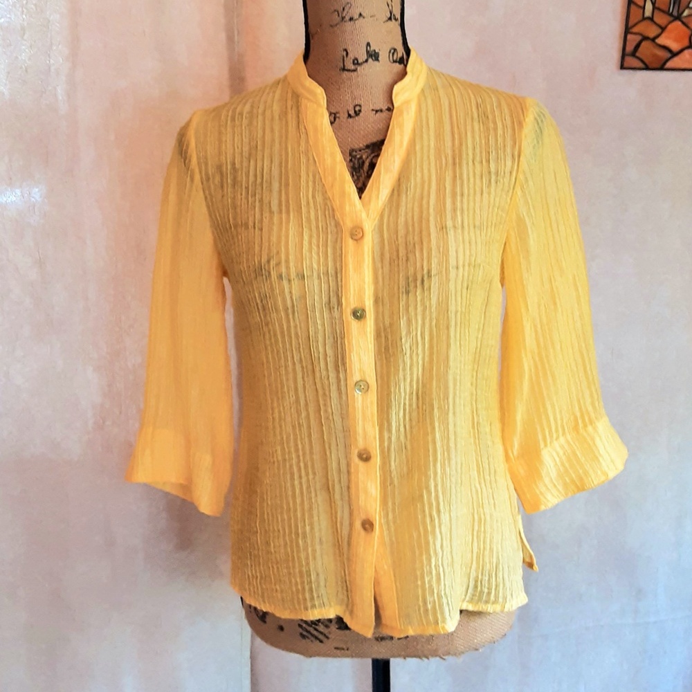 Bright Golden Yellow Gauze Button Down Shirt 3/4 Sleeve Semi-sheer PS